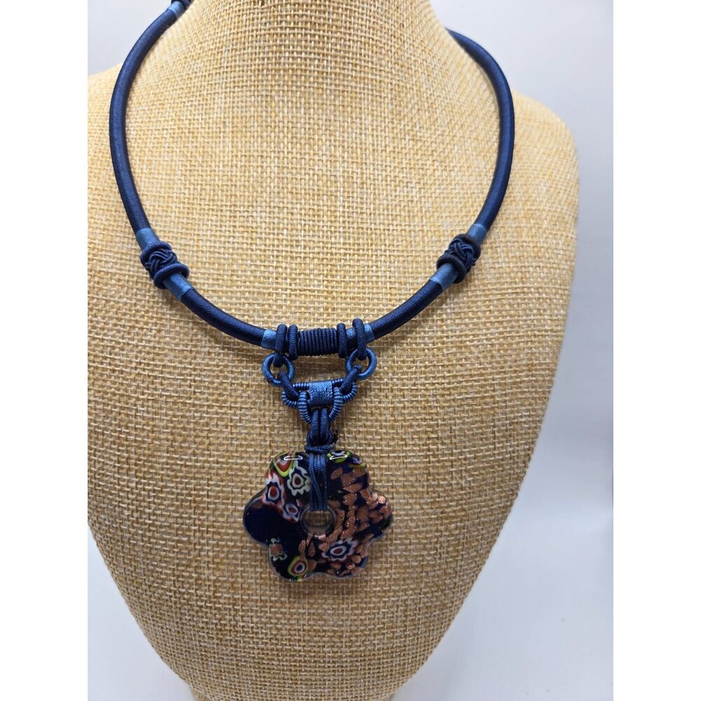 1741. Blue Millefiori Glass Bead Cord Necklace